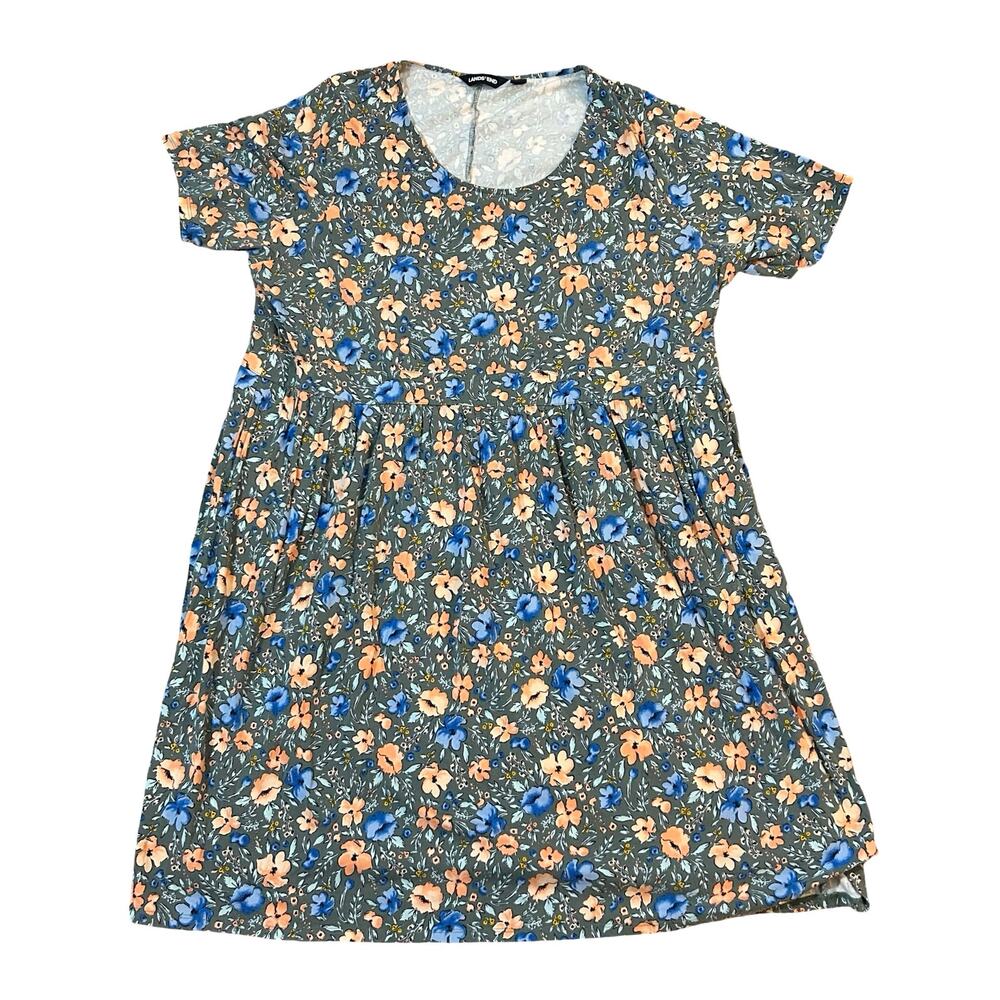 Lands End Floral Knit Shift Dress Womens 3X (24/26) Blue Green Summer Picnic